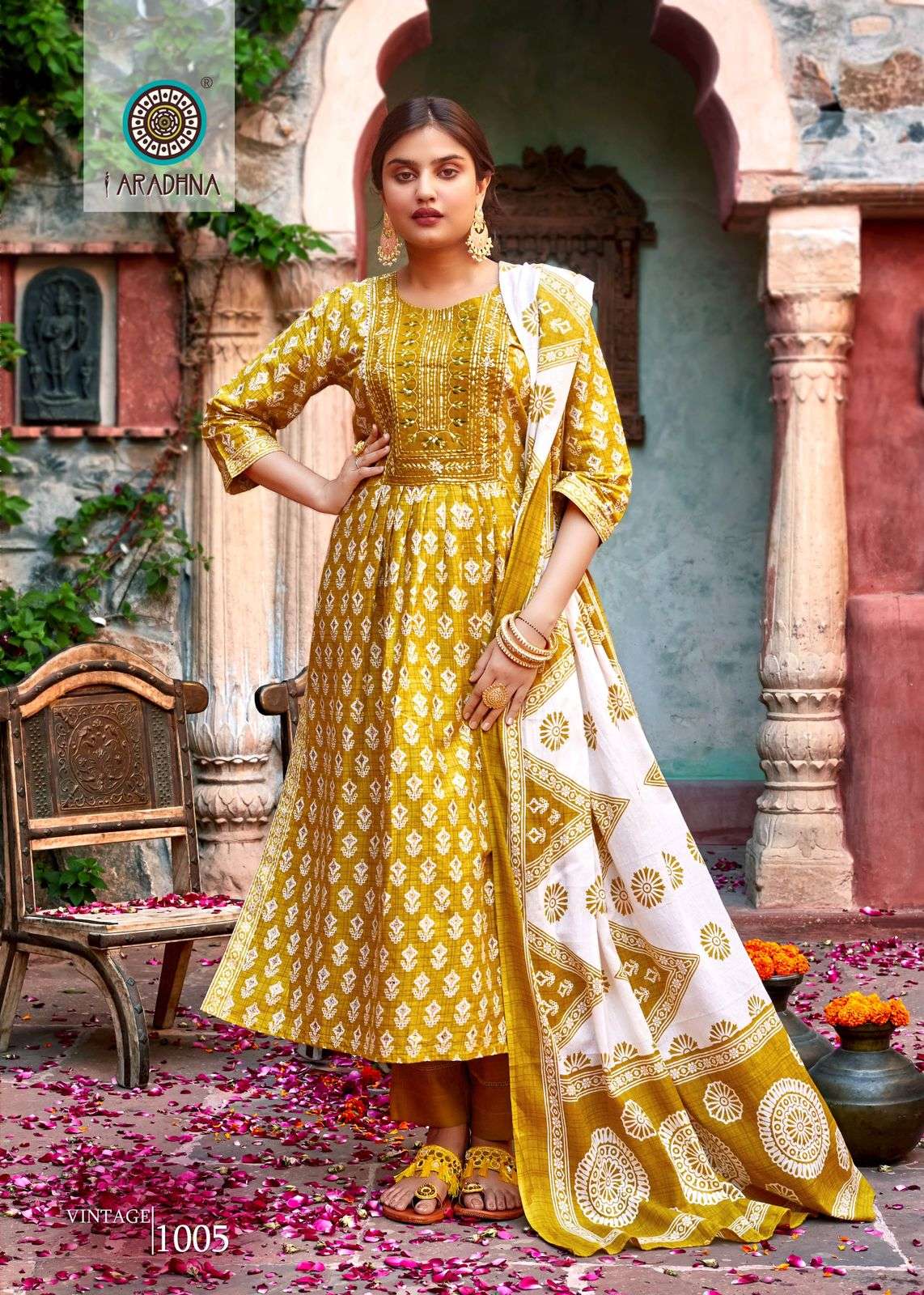 VINTAGE VOL 1 COTTON FOIL PRINT FANCY EMBROIDERY WORK KURTI WITH PANT DUPATTA BY ARADHNA BRAND 1005